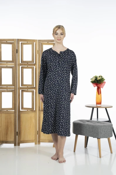 Estiva 23246-3 Üstten Düğmeli Uzun Kollu Desenli Likra Viskon Günlük Elbise - 7