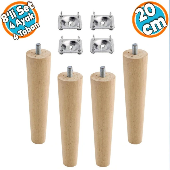 Ahşap Ayak Mobilya Koltuk Kanepe Sehpa Masa Ayağı Ayakları M8 Civatalı 20 cm + Bağlantı Aparatlı (8'li Set)