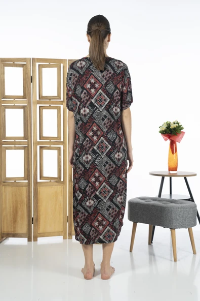 Estiva 23238-4 Kare Yaka Yarım Kollu Desenli Likra Viskon Günlük Elbise - 7