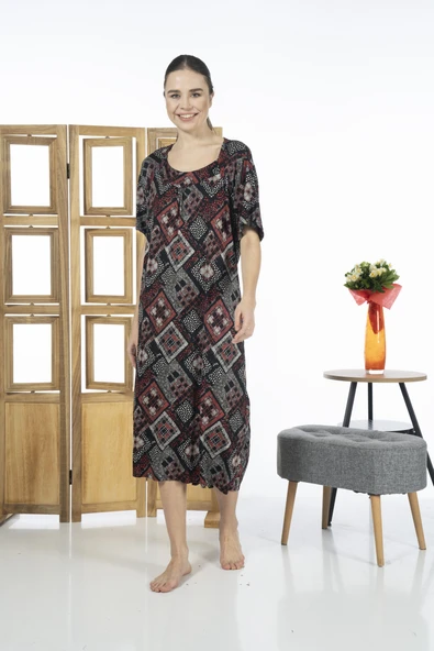 Estiva 23238-4 Kare Yaka Yarım Kollu Desenli Likra Viskon Günlük Elbise - 3