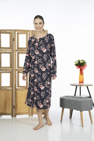 Estiva 23246-2 Üstten Düğmeli Uzun Kollu Desenli Likra Viskon Günlük Elbise - 3