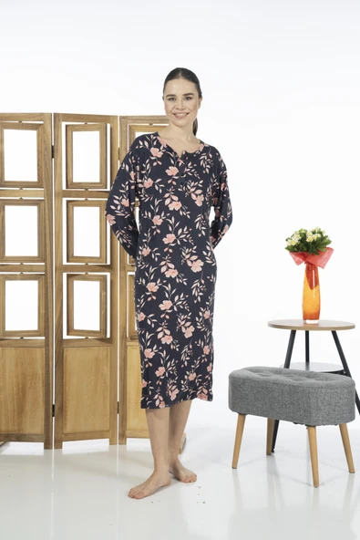 Estiva 23246-2 Üstten Düğmeli Uzun Kollu Desenli Likra Viskon Günlük Elbise - 4