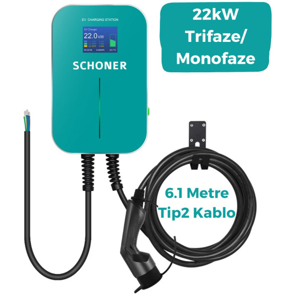 SCHONER 22KW Elektrikli Araç Şarj İstasyonu 6.1 Metre Tip2 Kablolu Trifaze/monofaze