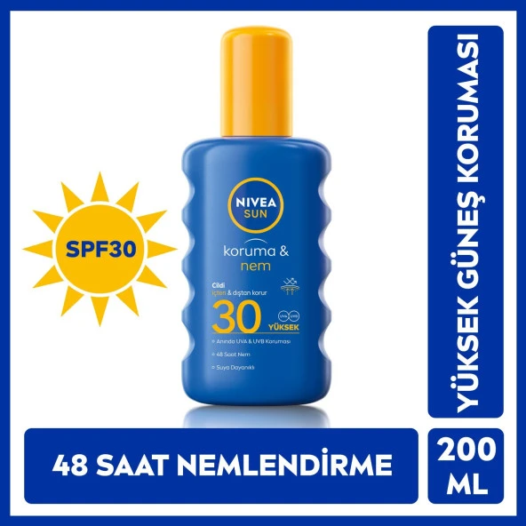 NIVEA Sun SPF30 Güneş Koruyucu & 48 Nemlendirici Güneş Kremi 200 ml Sprey,Yüksek Güneş Koruması