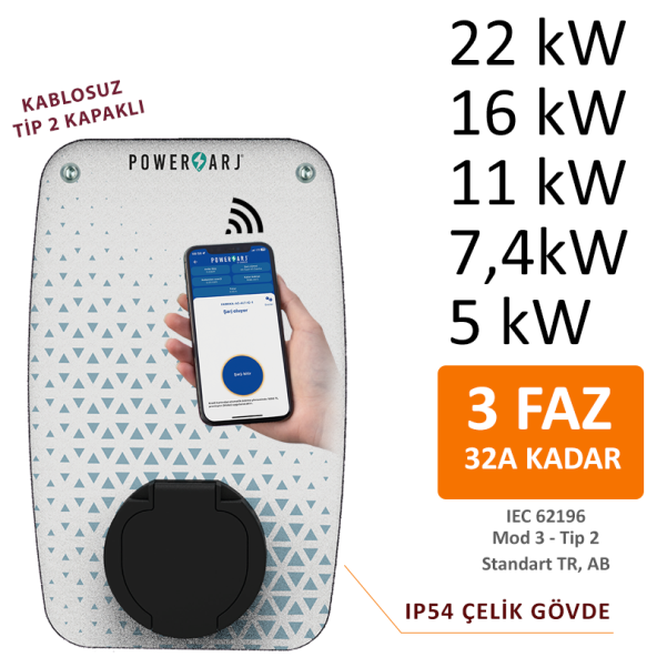 Powerşarj 22kW, 16kW, 11kW, 7,4kW, 5kW, 3,4kW Elektrikli Araç Sabit Duvar Tipi Şarj Cihazı