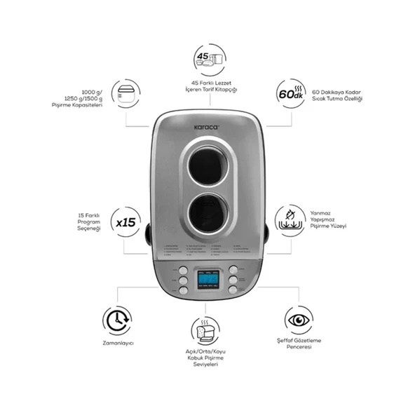 Karaca Hepsi Bir Arada Reçel,yoğurt,hamur Yoğurma ve Ekmek Yapma Makinesi 1500G 45 Tarifli Kitapçıklı - 2