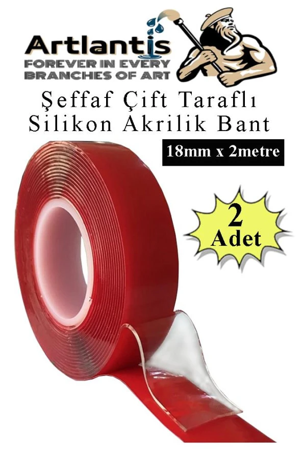 Çift Taraflı Bant Silikonlu Süper Güçlü Çivisiz Montaj Bandı 2 Adet 18mm x 2 metre Extra Yüksek Mukavemetli
