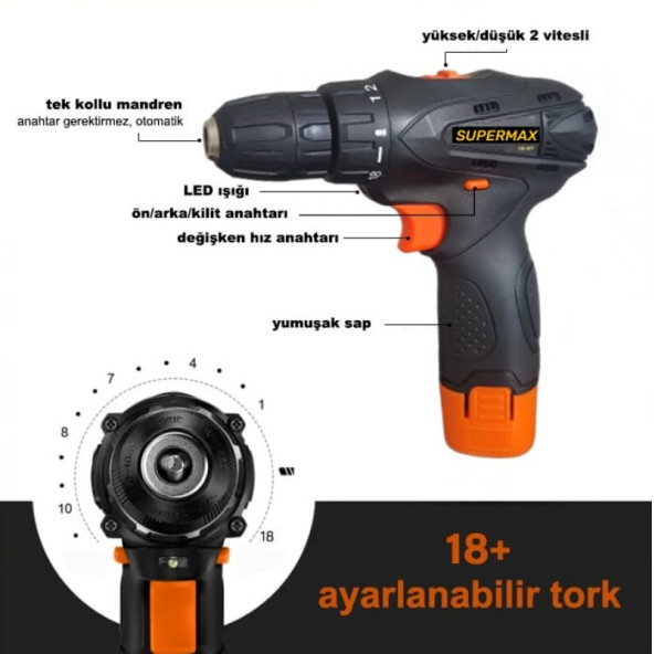 12v 1.5 Ah Metal Şanzıman Tek Akülü Şarjlı Matkap 22 Parça Akülü Vidalama Set Elektrikli Matkap - 3