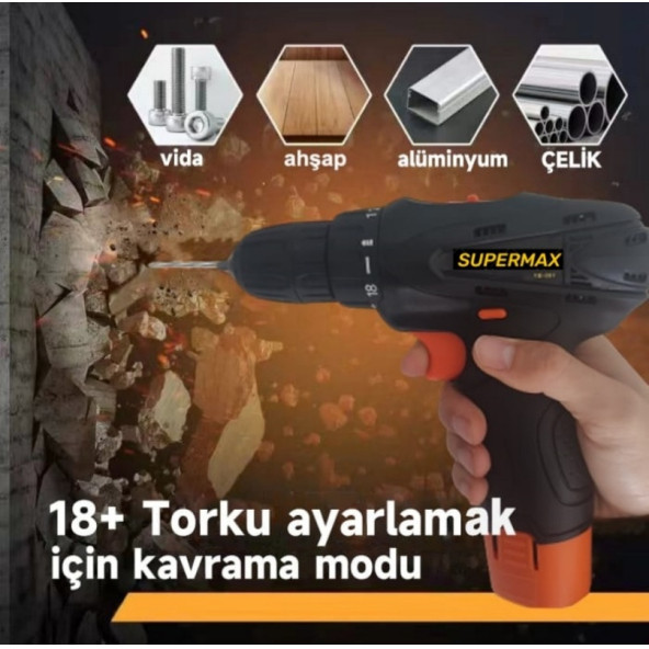 12v 1.5 Ah Metal Şanzıman Tek Akülü Şarjlı Matkap 22 Parça Akülü Vidalama Set Elektrikli Matkap - 4