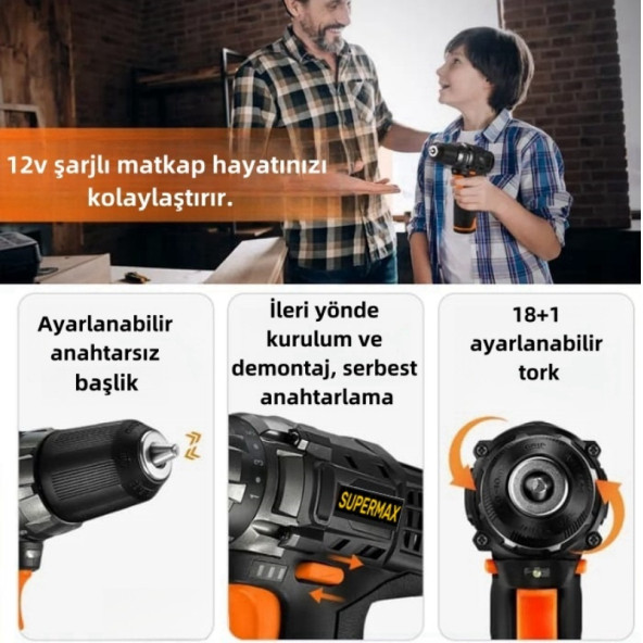 12v 1.5 Ah Metal Şanzıman Tek Akülü Şarjlı Matkap 22 Parça Akülü Vidalama Set Elektrikli Matkap - 5
