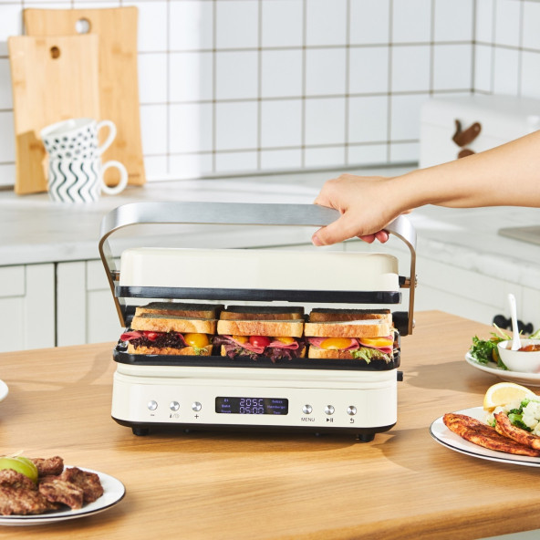 Karaca Yanmaz-Yapışmaz Plakalı Krep, Izgara ve Tost Makinesi 2000W-krem rengi