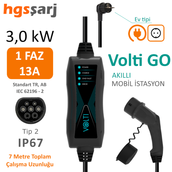 Volti GO Mobil Şarj Cihazı. Ev Tipi fiş. 3,0 kW 13A, Tip 2 Konektör