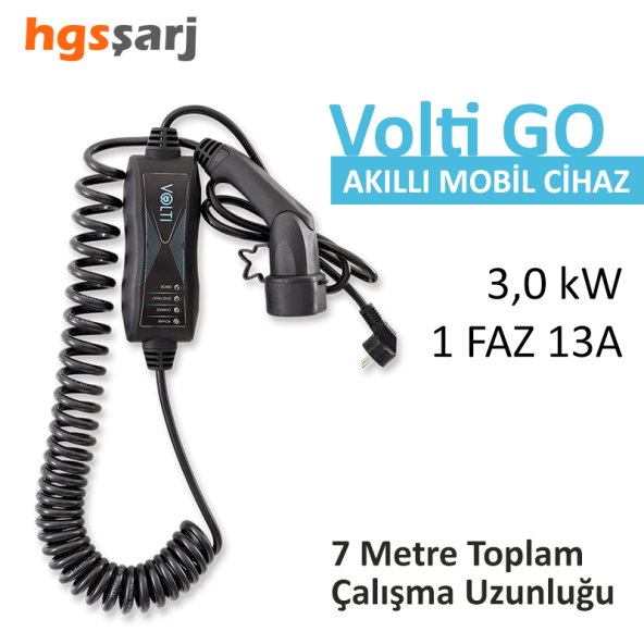 Volti GO Mobil Şarj Cihazı. Ev Tipi fiş. 3,0 kW 13A, Tip 2 Konektör - 3