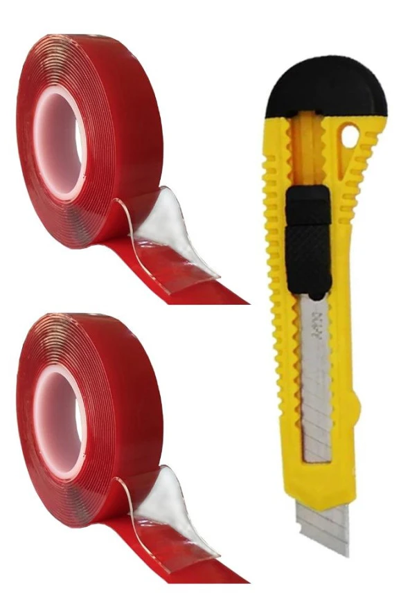 Çift Taraflı Bant Silikonlu Süper Güçlü Çivisiz Montaj Bandı ve Maket Bıçağı 1 Adet 18mm x 2 metre Extra Yüksek Mukavemetli