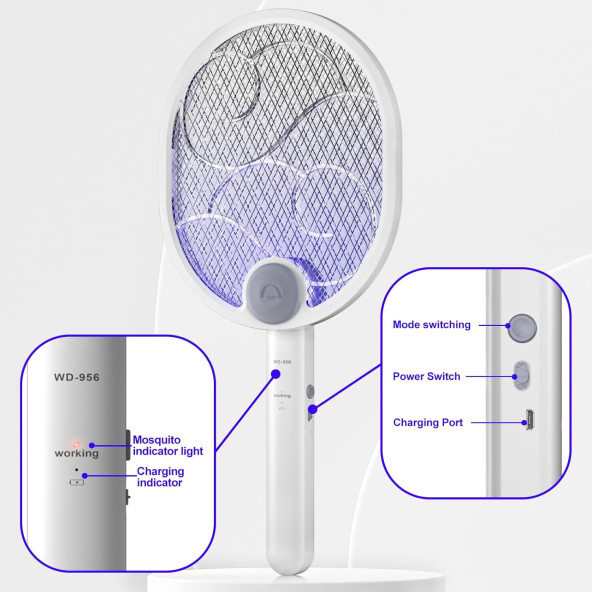 Rowenger WD-956 USB Şarjlı Katlanabilir Uv Işıklı Elektrikli Sivrisinek Öldürücü Raket Lamba - 6
