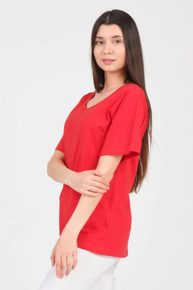 As Collection Kırmızı V Yaka Kısa Kol Boyfriend Kadın T-Shirt - 4
