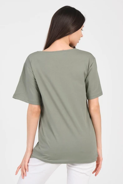 As Collection Yeşil V Yaka Kısa Kol Boyfriend Kadın T-Shirt - 4