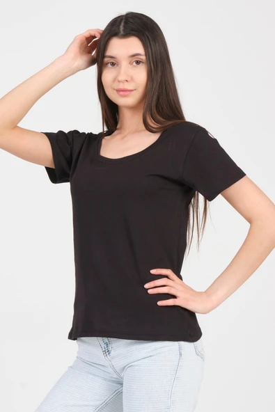 As Collection Siyah Kayık Yaka Kısa Kol Örme Kadın T-Shirt - 2