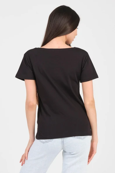 As Collection Siyah Kayık Yaka Kısa Kol Örme Kadın T-Shirt - 4