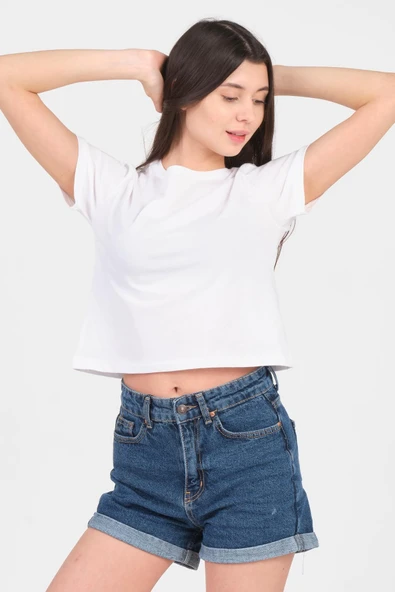 As Collection Beyaz Bisiklet Yaka Kısa Kol Örme Kadın Crop