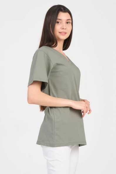 As Collection Yeşil V Yaka Kısa Kol Boyfriend Kadın T-Shirt - 3