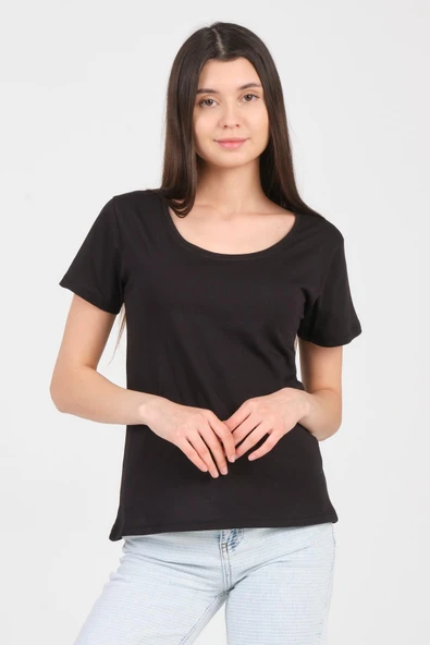 As Collection Siyah Kayık Yaka Kısa Kol Örme Kadın T-Shirt