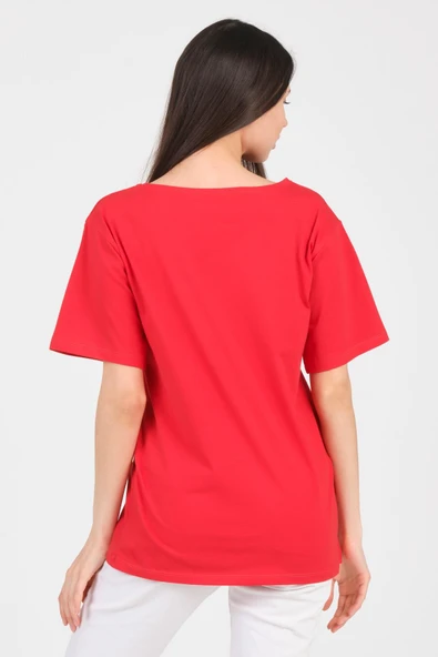 As Collection Kırmızı V Yaka Kısa Kol Boyfriend Kadın T-Shirt - 5