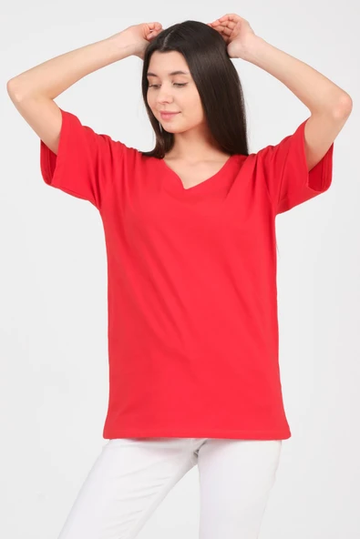 As Collection Kırmızı V Yaka Kısa Kol Boyfriend Kadın T-Shirt - 3