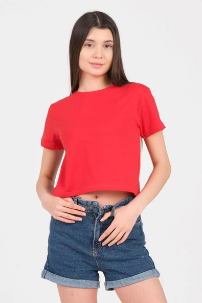 As Collection Kırmızı Bisiklet Yaka Kısa Kol Örme Kadın Crop
