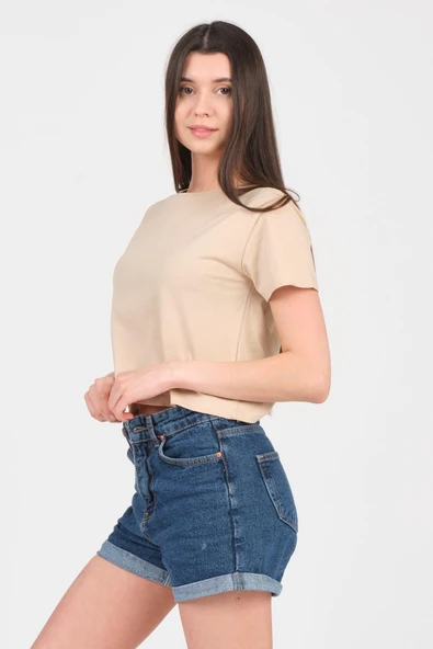 As Collection Bej Bisiklet Yaka Kısa Kol Örme Kadın Crop - 3