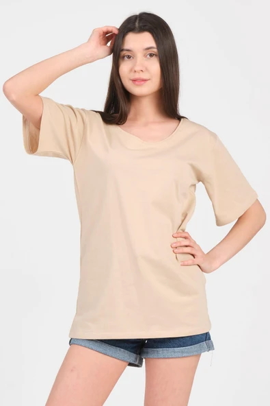 As Collection Bej V Yaka Kısa Kol Boyfriend Kadın T-Shirt - 3
