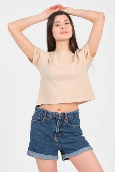 As Collection Bej Bisiklet Yaka Kısa Kol Örme Kadın Crop - 2