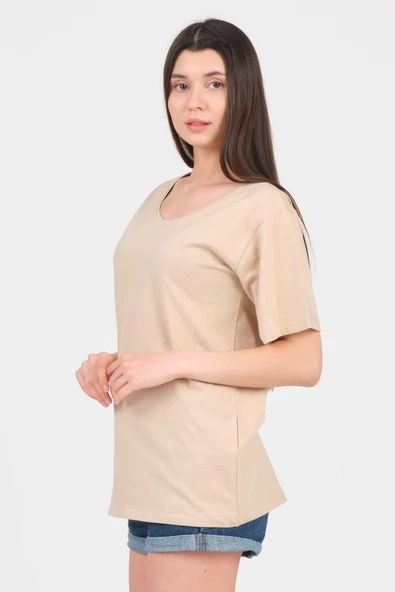 As Collection Bej V Yaka Kısa Kol Boyfriend Kadın T-Shirt - 4