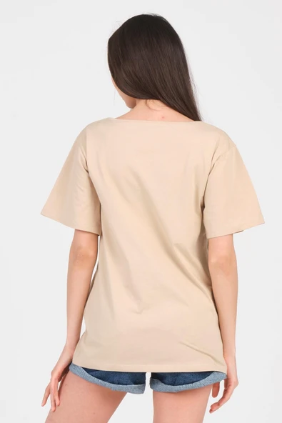 As Collection Bej V Yaka Kısa Kol Boyfriend Kadın T-Shirt - 5