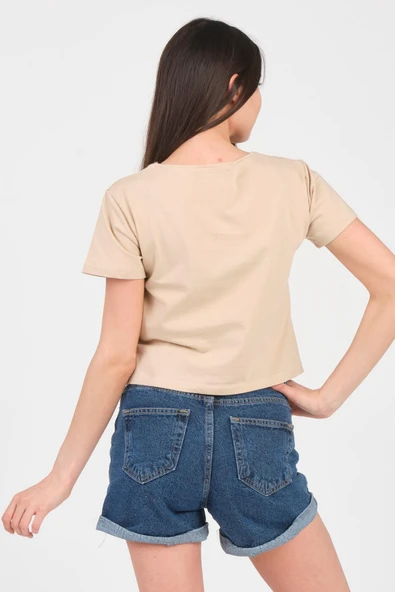 As Collection Bej Bisiklet Yaka Kısa Kol Örme Kadın Crop - 5
