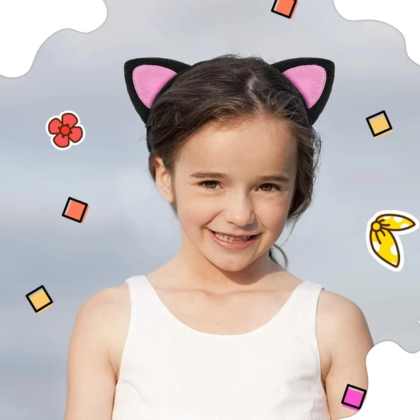 Sevimli Kedi Kulak Pofuduk Kedi Taç Siyah İçi Pembe Renk 17x15 cm - Resim 2