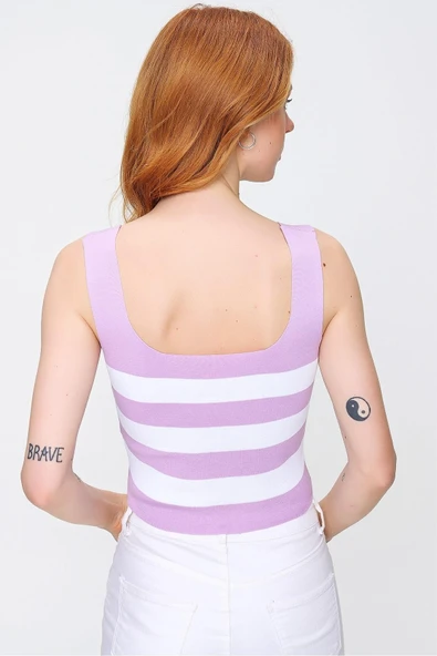 As Collection Lila Kalın Askılı Kare Yaka Çizgili Kadın Bluz - Resim 5