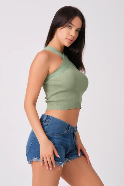 As Collection Yeşil Çapraz Yakalı Yazlık Triko Kadın Bluz - 3