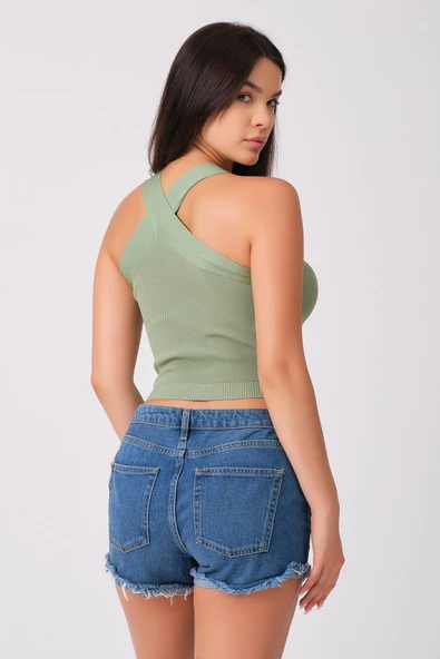 As Collection Yeşil Çapraz Yakalı Yazlık Triko Kadın Bluz - 4