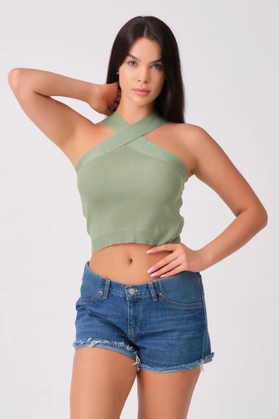 As Collection Yeşil Çapraz Yakalı Yazlık Triko Kadın Bluz - 2