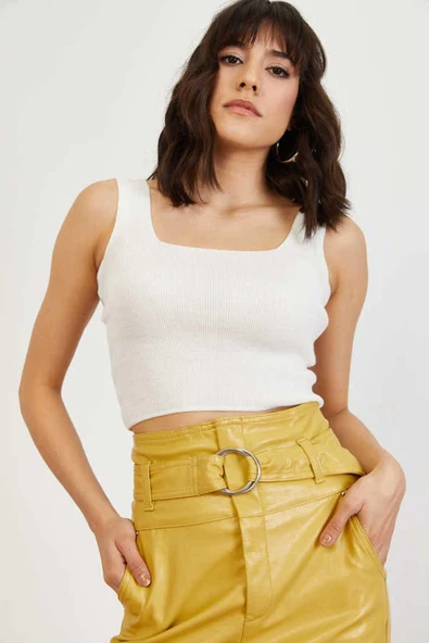 As Collection Beyaz Kare Yaka Likralı Fit Triko Kadın Crop Bluz - 2