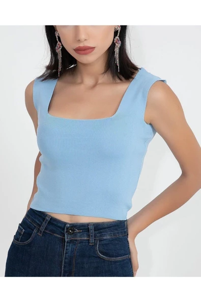 As Collection Mavi Kare Yaka Likralı Fit Triko Kadın Crop Bluz