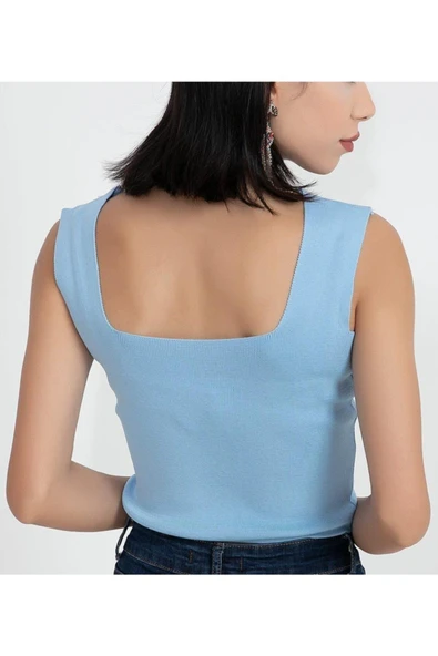 As Collection Mavi Kare Yaka Likralı Fit Triko Kadın Crop Bluz - 5