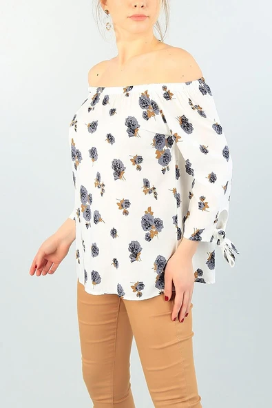 As Collection Krem Bağlamalı Kol Dokuma Kadın Bluz - Resim 2