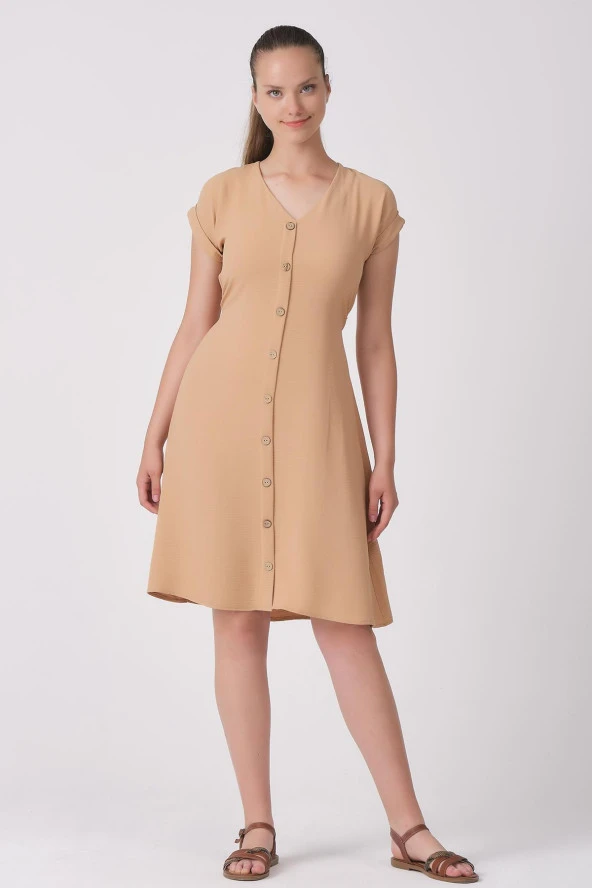 As Collection Kahverengi Salaş Önü Düğmeli Keten Kadın Elbise