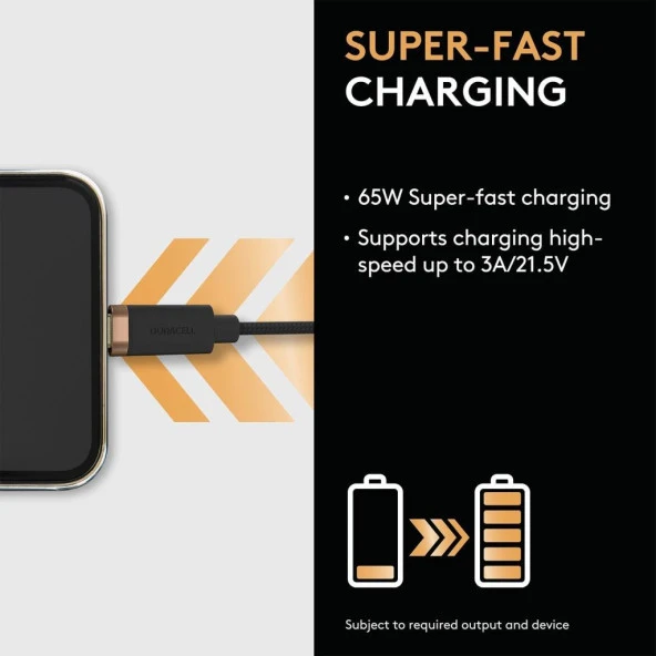 Duracell 1m USB-C to USB-C Örgülü Şarj Kablosu - Siyah - 3