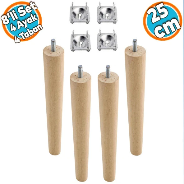 Ahşap Mobilya Koltuk Kanepe Sehpa Masa Ayağı Ayakları M8 Civatalı 25 cm + Bağlantı Aparatlı 8'li Set