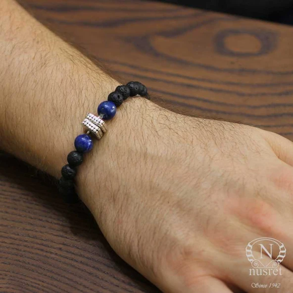 925 Ayar Gümüş Lapis ve Lav Doğal Taşlı Erkek Bilekliği - Resim 2