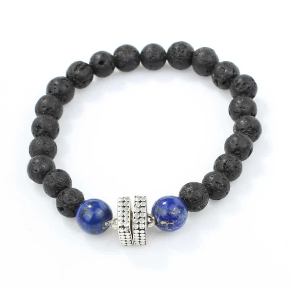 925 Ayar Gümüş Lapis ve Lav Doğal Taşlı Erkek Bilekliği - Resim 4