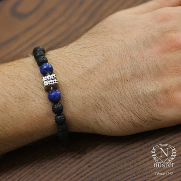925 Ayar Gümüş Lapis ve Lav Doğal Taşlı Erkek Bilekliği - Resim 5